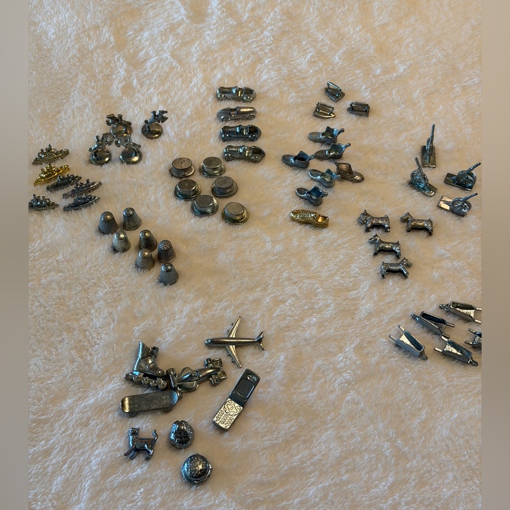 Large lot Monopoly tokens pieces 58 vintage modern gold pewter zinc alloy bundle